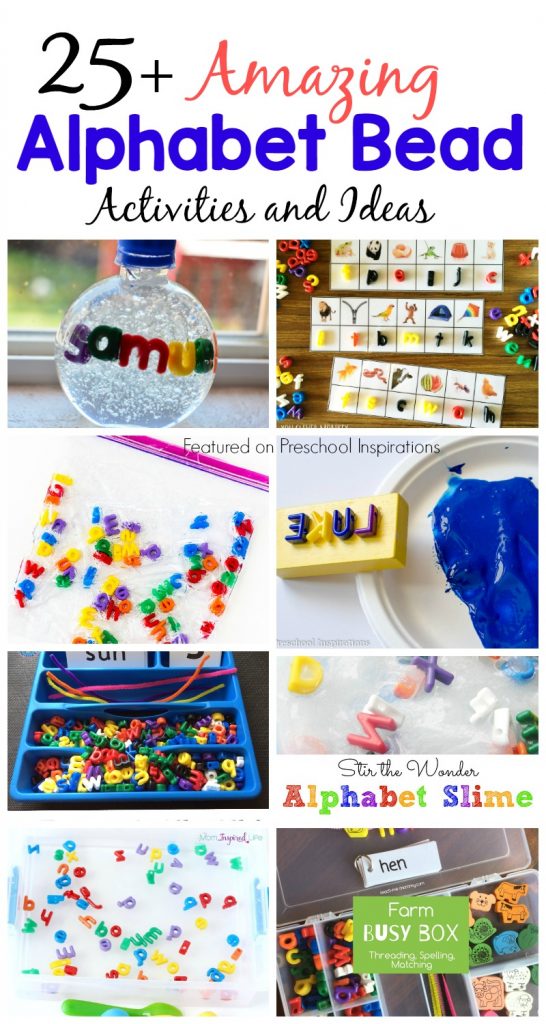 Here are 25+ alphabet activities for preschool and kindergarten. Help children learn their letters, letter sounds, learning to spell, learning to write, and so many more important literacy foundations. #preschool #kindergarten #finemotor #literacy #alphabet #alphabetbeads #alphabetideas
