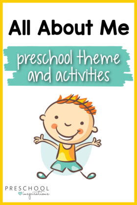 pinnable image of a clipart happy boy and the text 'all about me preschool theme and activities'