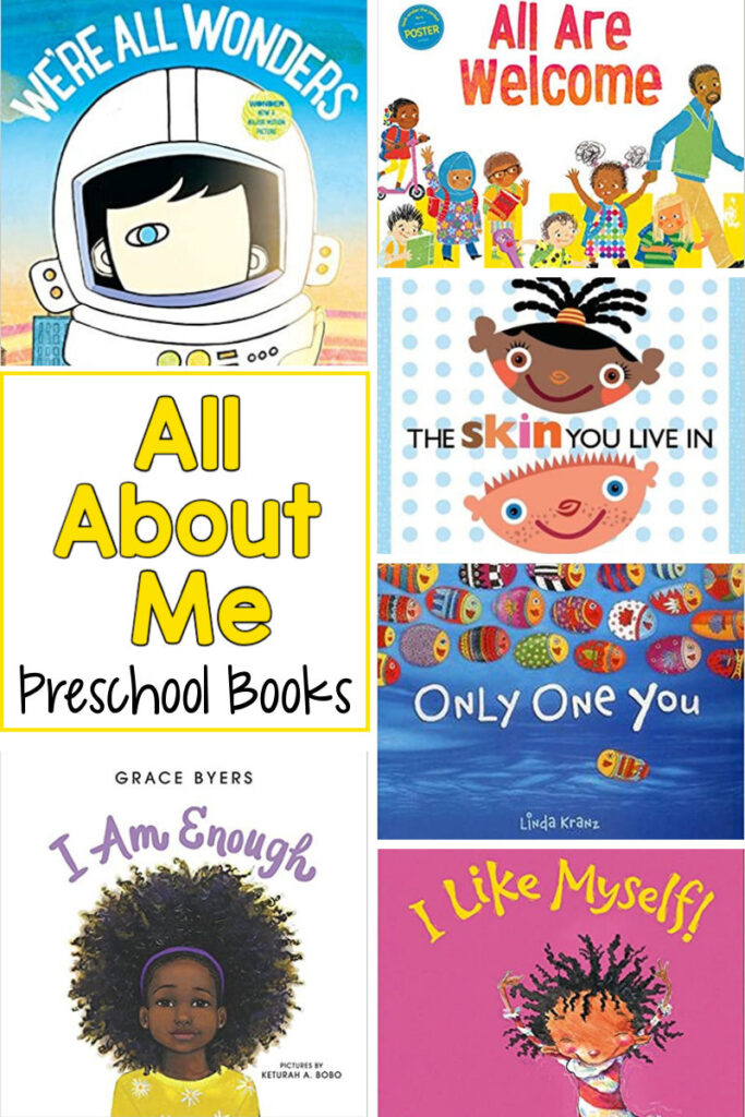 pinnable image of the covers of 6 different books described below with the text All About Me Preschool Books