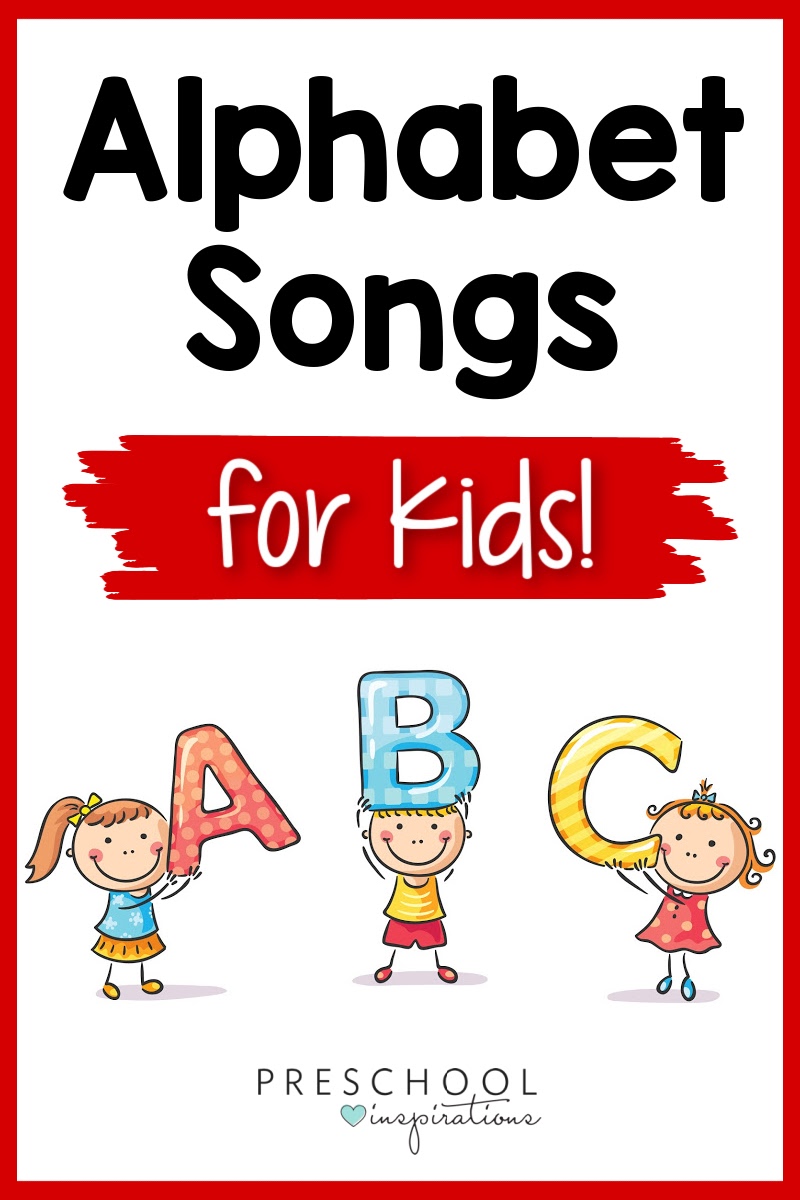 pinnable image of cartoon kids holding the letters A, B, and C and the text alphabet songs for kids