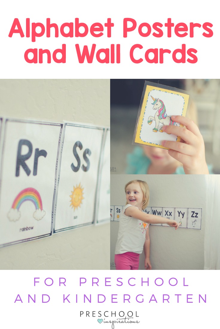 Use these alphabet wall cards or alphabet posters as a visual way to learn the alphabet for preschoolers and kindergartners. #preschool #prek #kindergarten #alphabet #literacycenters #alphabetposters #alphabetcards #alphabetprintable 