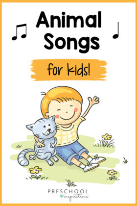 a cartoon boy with his arm around a cat with the text, 'animal songs for kids'