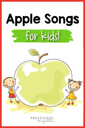 pinnable image of cute clip art kids holding a giant apple and the text 'apple songs for kids'
