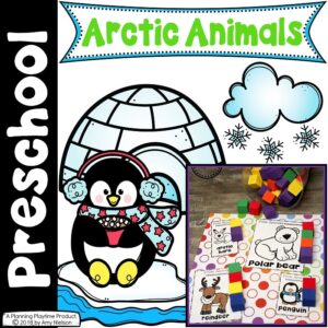 picture of several preschool winter printables with the text preschool arctic animals