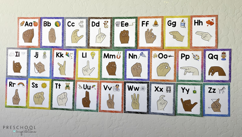whole set of sign language alphabet wall cards in four skin tones