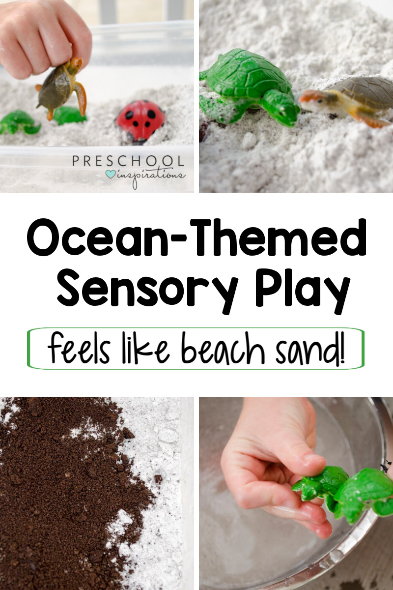 Preschoolers will love getting their hands in this ocean-themed sensory bin! It feels exactly like beach sand, and is super easy to make with just two ingredients! Great for an ocean or a summer theme.