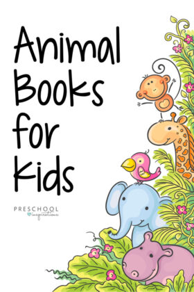 pinnable image of several cartoon jungle animals with the text animal books for kids