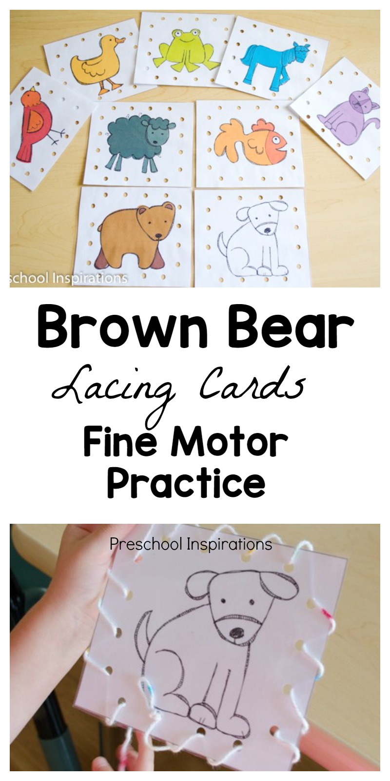 Practice important fine motor skills with these Brown Bear lacing cards. #preschool #prek #finemotor #storyunits #busybags 