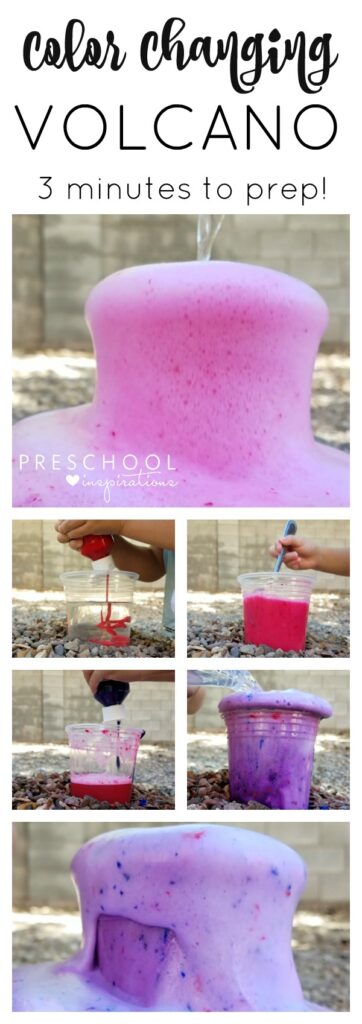 Make a quick and easy color changing baking soda and vinegar volcano for kids! #STEM #STEAM #volcano #diy #sciencefairideas #preschool #outdoorscience #outdoorkidactivities #summer #kidactivities #scienceexperiment