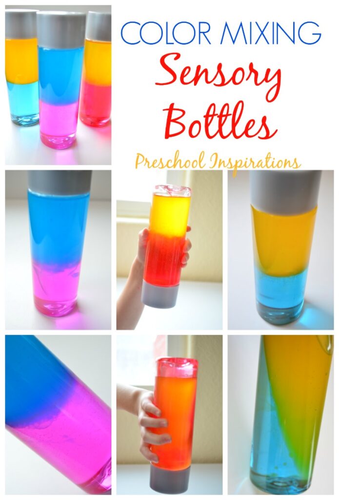 Make a color mixing sensory bottle for sensory play, learning about colors, or just for fun! These are perfect for all ages. #preschool #kindergarten #calmdownbottle #sensorybottle #sensorydiy #mindfulness #sensory #colormixing #colors