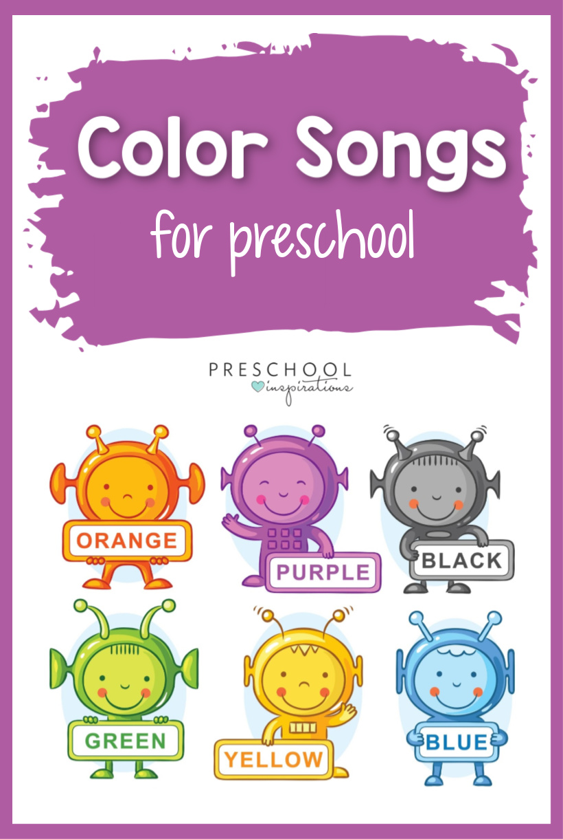 six differently colored children wearing alien costumes holding a card that says their color with the text 'color songs for preschool'