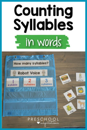 pinnable image of counting syllables cards in a pocket chart and the text 'counting syllables in words'