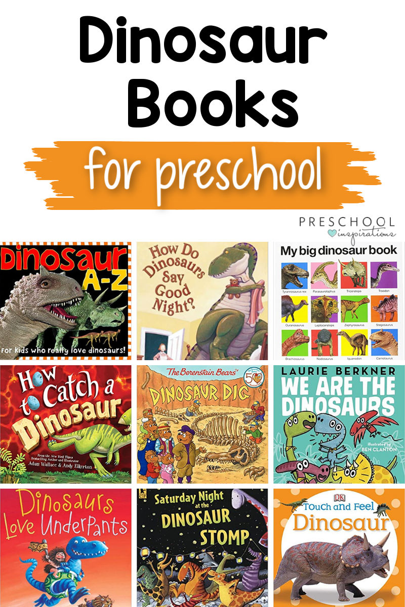 pinnable image of 9 book covers with the text dinosaur books for preschool 