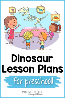pinnable image of a cartoon preschool class field trip looking at dinosaur bones in a museum with the text dinosaur lesson plans for preschool