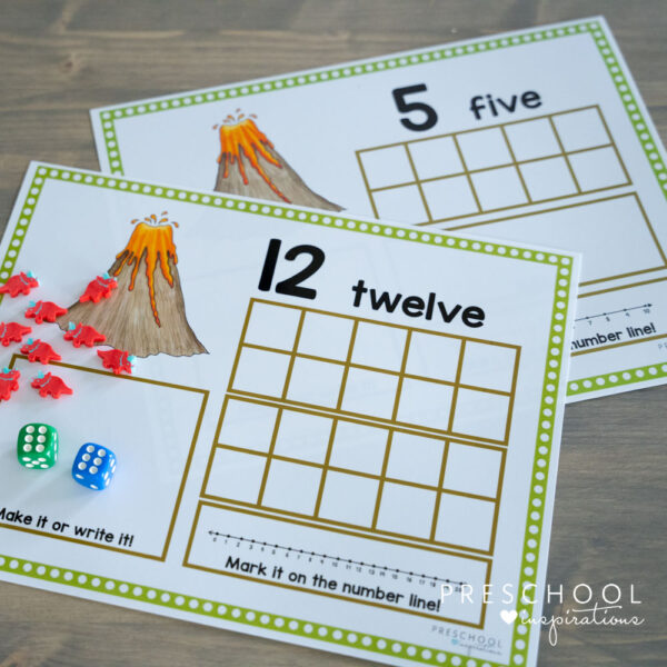 two dinosaur counting mats with empty ten frames
