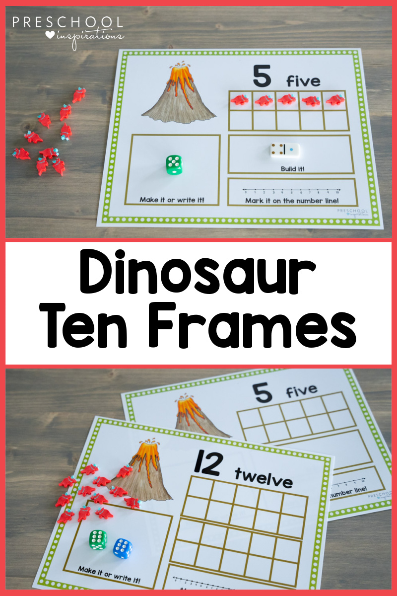 pinnable image of two different views of printable counting mats and the text dinosaur ten frames