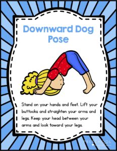 printable animal yoga card featuring the downward dog position