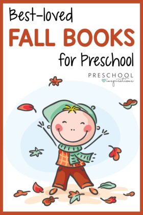a clipart boy standing in fall leaves with his hands up and the text best loved fall books for preschool
