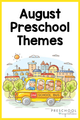 pinnable image of several children on a school bus with the text august preschool themes