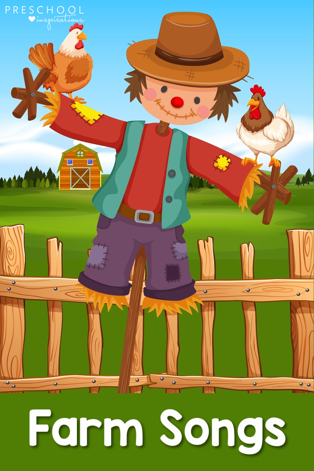 pinnable image of a scarecrow and chickens in front of a farm with the text farm songs 