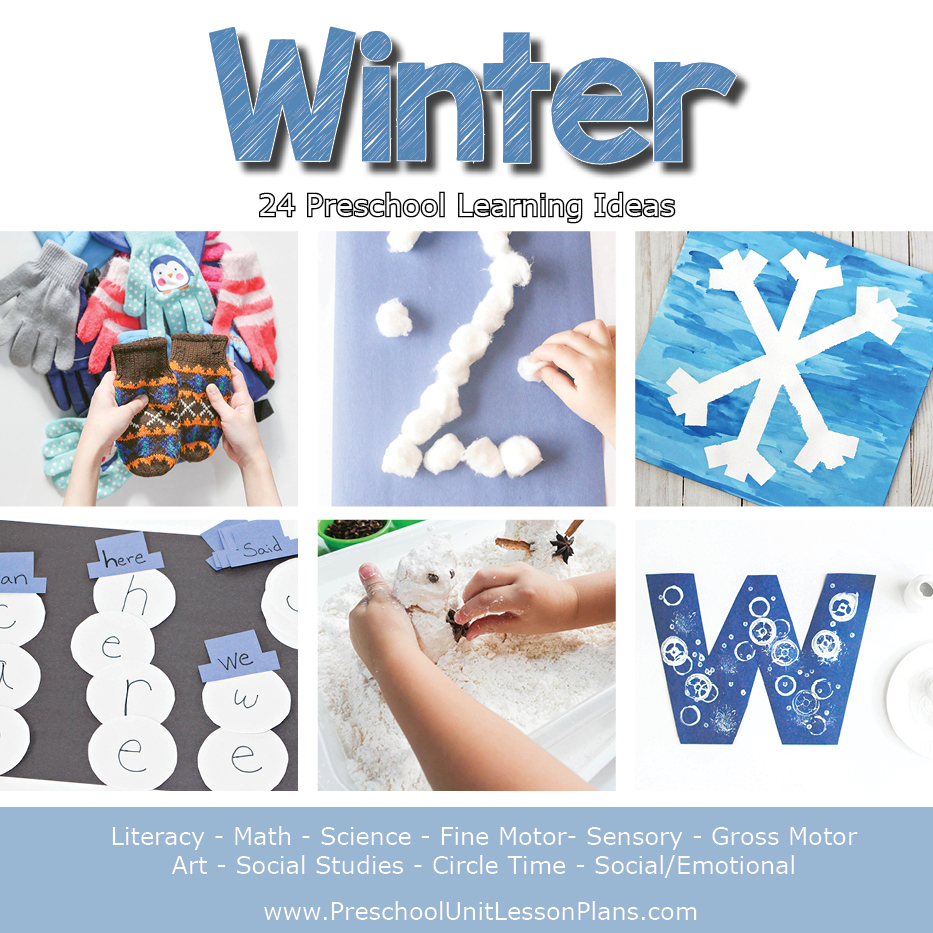 collage of six winter preschool activities with the text winter 24 preschool learning ideas 