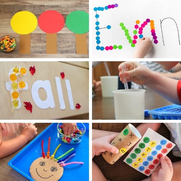 collage of six different fine motor activities for preschool that build a pincer grasp