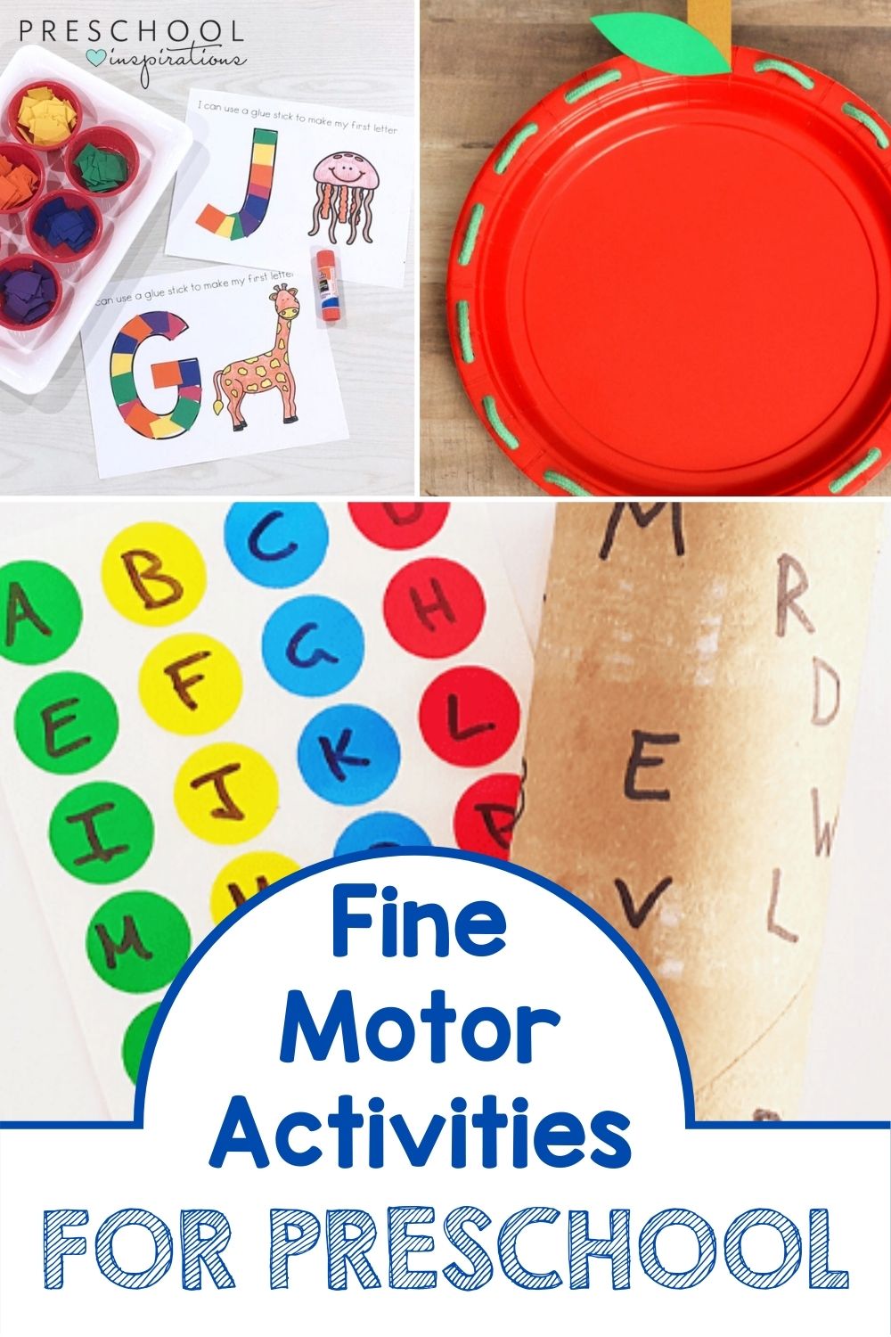 a collage of three different activities that build fine motor skills and the text fine motor activities for preschool