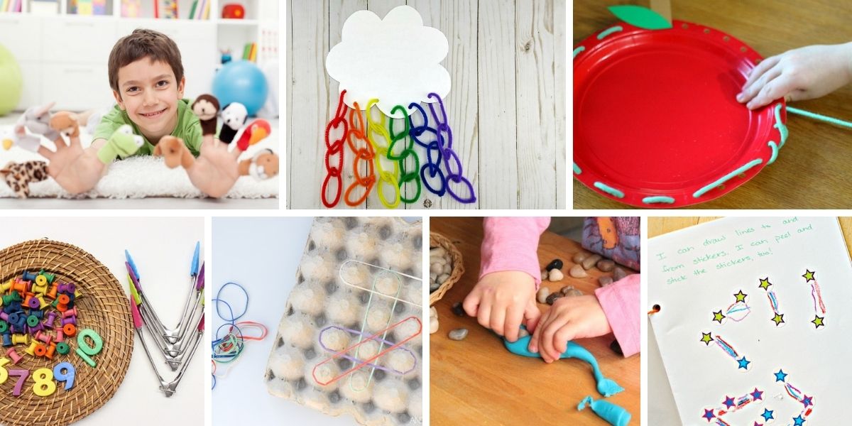 collage of seven different preschool activities to build fine motor skills