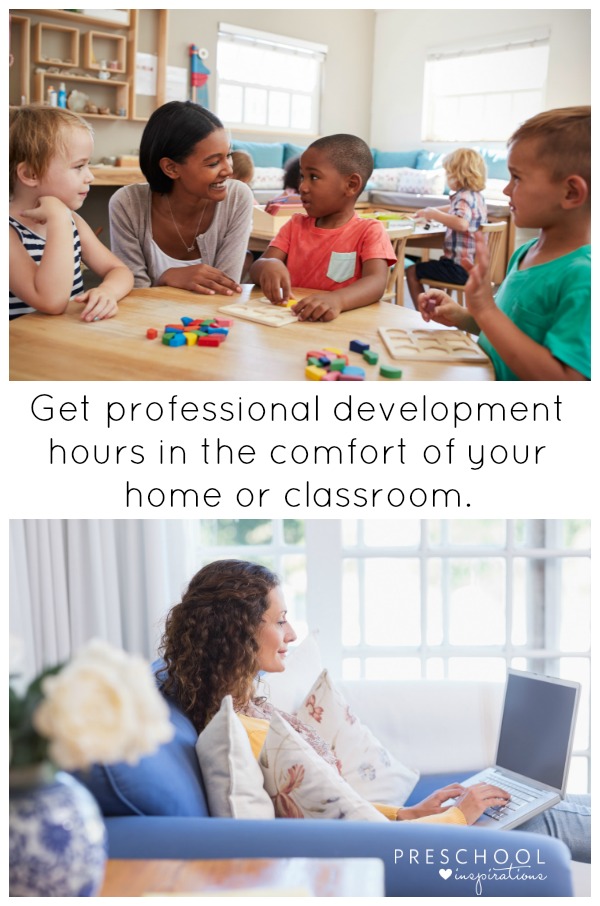 Get professional development hours at home or in your classroom with online courses for child care and preschool teachers. #toddler #preschool #prek #professionaldevelopment #childcaretraining #childcarecourses