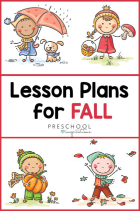 pinnable image of four kids doing fall activities with the text lesson plans for fall