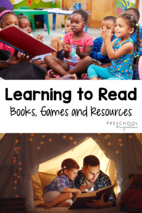 Two images of children reading with a parent or teacher and the text "learning to read books, games and resources"