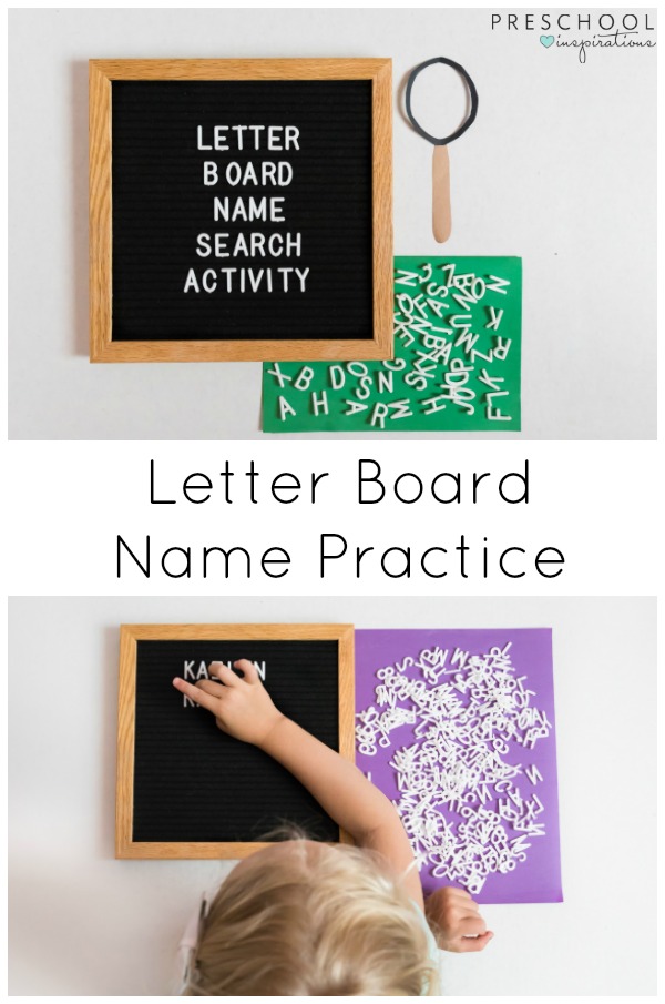 This letter board name search activity is the perfect way to practice the alphabet and help children learn to spell their names. #preschool #prek #kindergarten #literacy #alphabet #letterboard #letterrecognition #finemotor #namespelling #literacycenters #handsonactivity