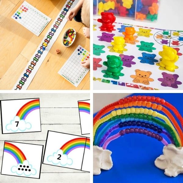 collage of four different preschool math activities that use rainbows