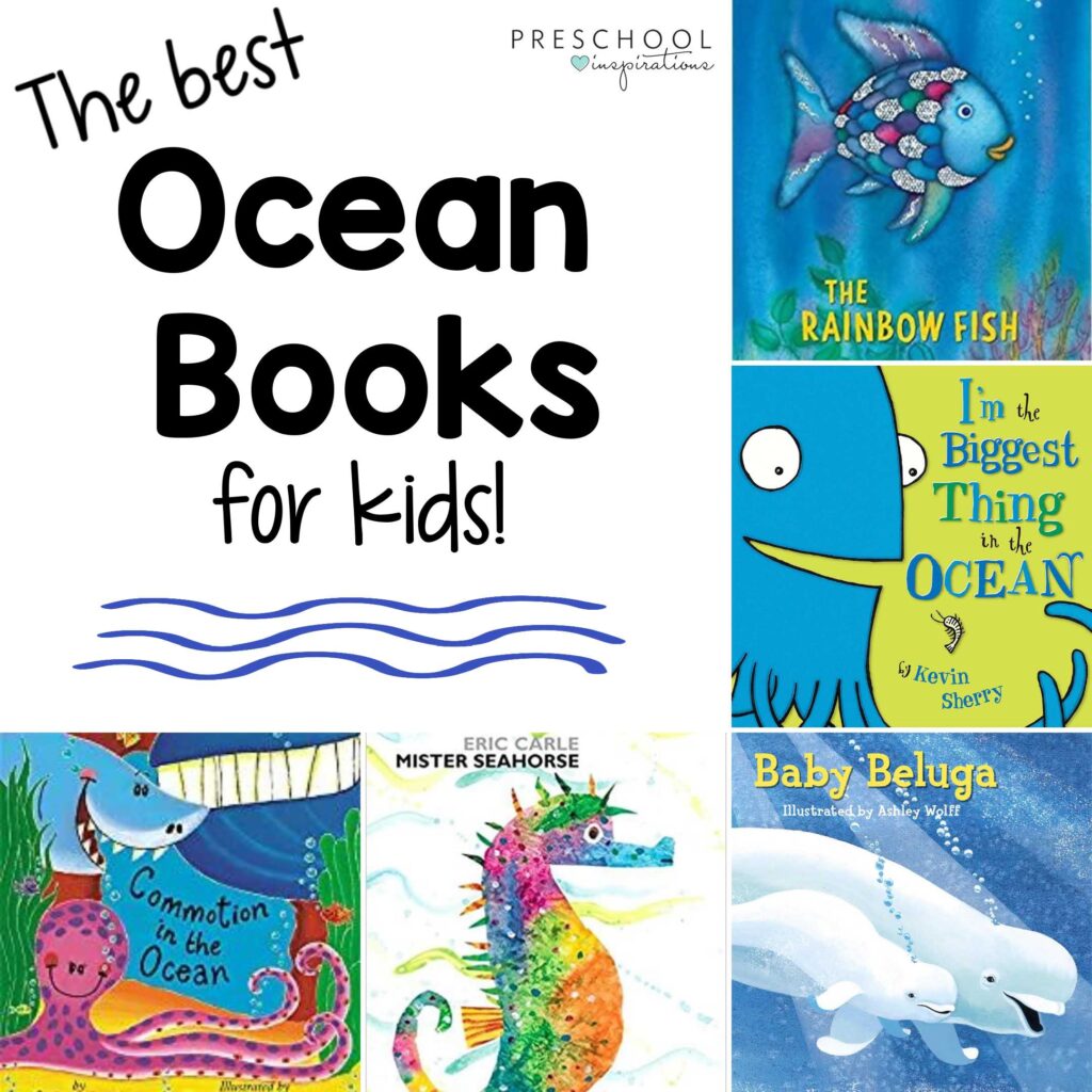 square image of 5 different books about the ocean with the title the best ocean books for kids
