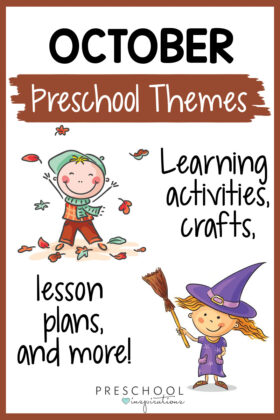 pinnable image with a cartoon kid throwing leaves and a cartoon kid dressed as a cute witch. Text reads october preschool themes learning activities, crafts, lesson plans, and more!