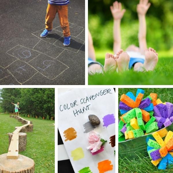 collage of five activities preschoolers can do outside