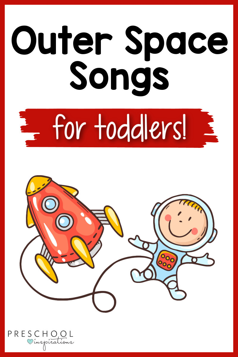 pinnable image of a cartoon child floating in space tethered to a rocket ship and the text outer space songs for kids