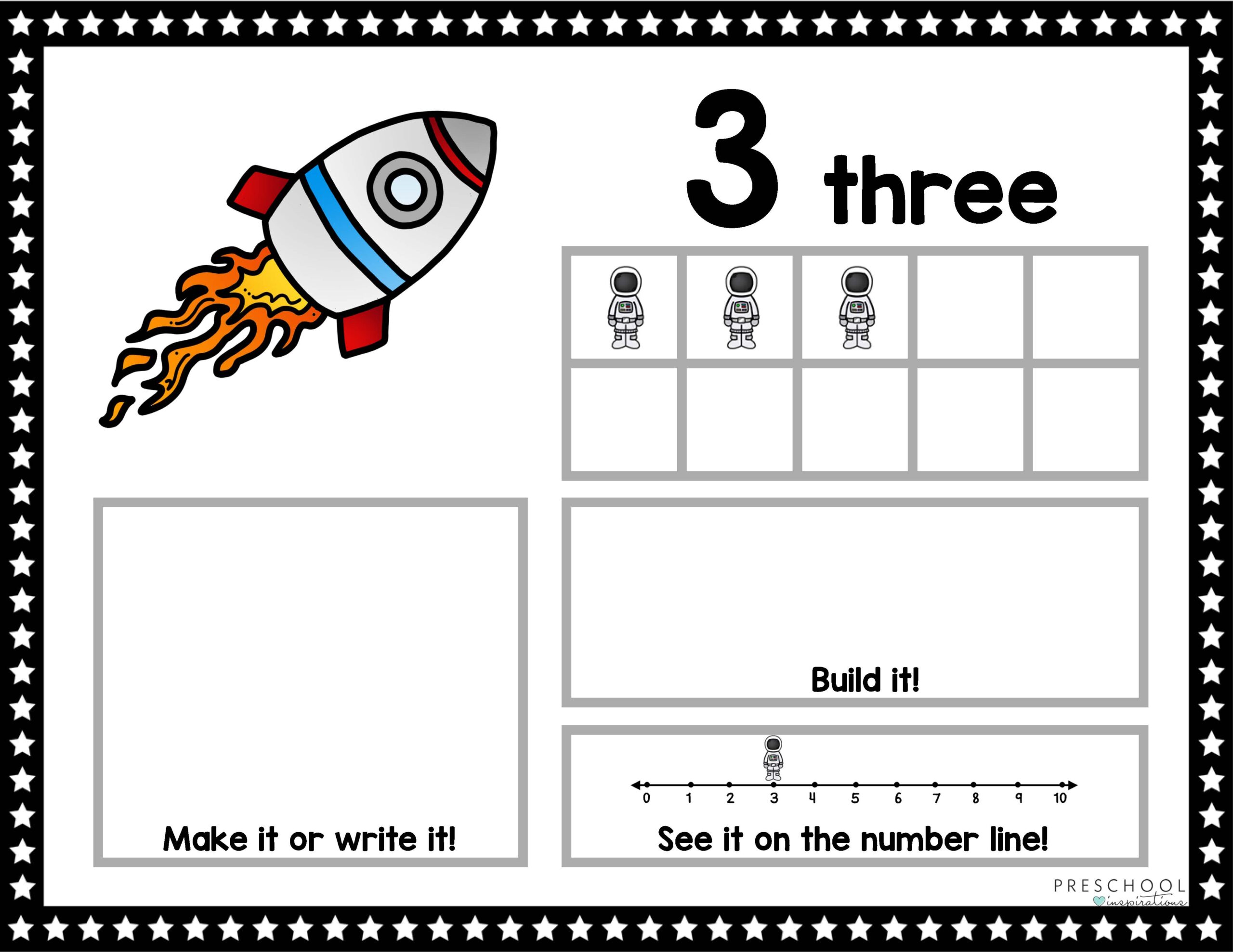 a space-themed ten frame mat showing the number three