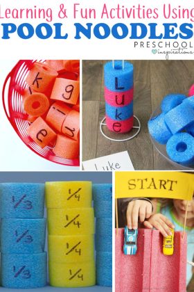 Pool noodle learning activities that can be done outside the pool! Strengthen literacy, math, and alphabet skills using pool noodles. #preschool #summer #kidsactivities #literacy