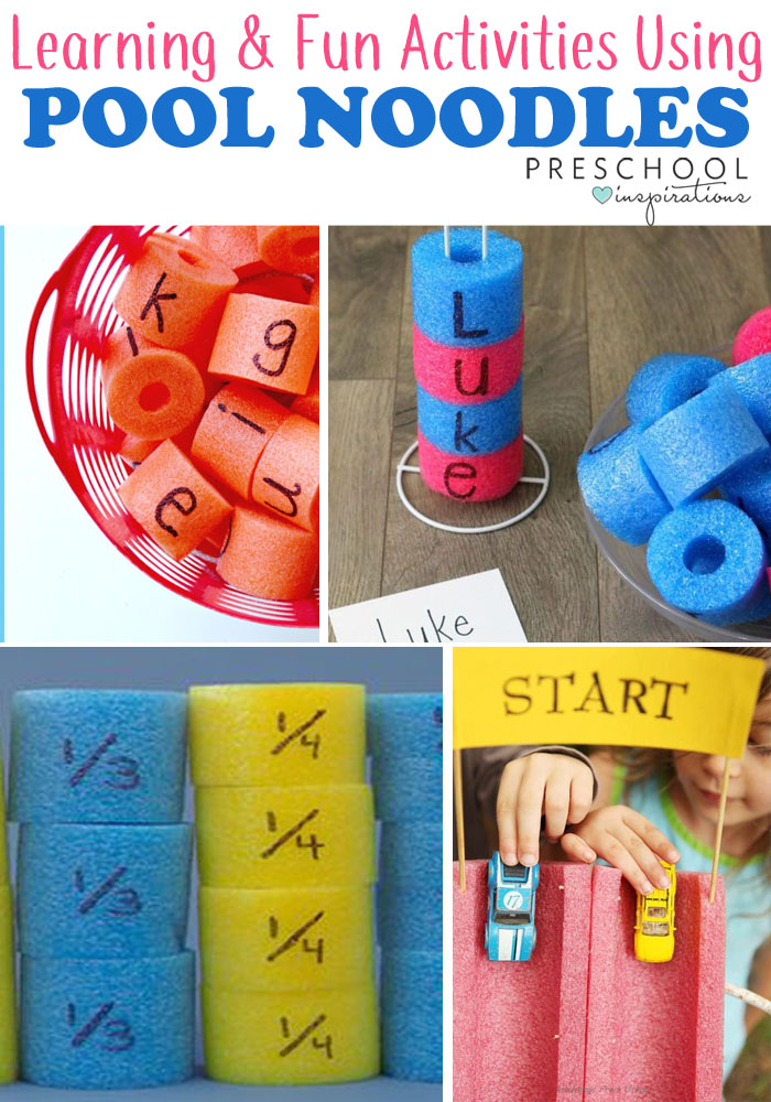 Pool noodle hacks for learning and summer themed activities for preschool or kindergarten.