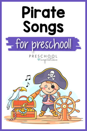 pinnable image of a vector boy playing pirate and the text pirate songs for preschool