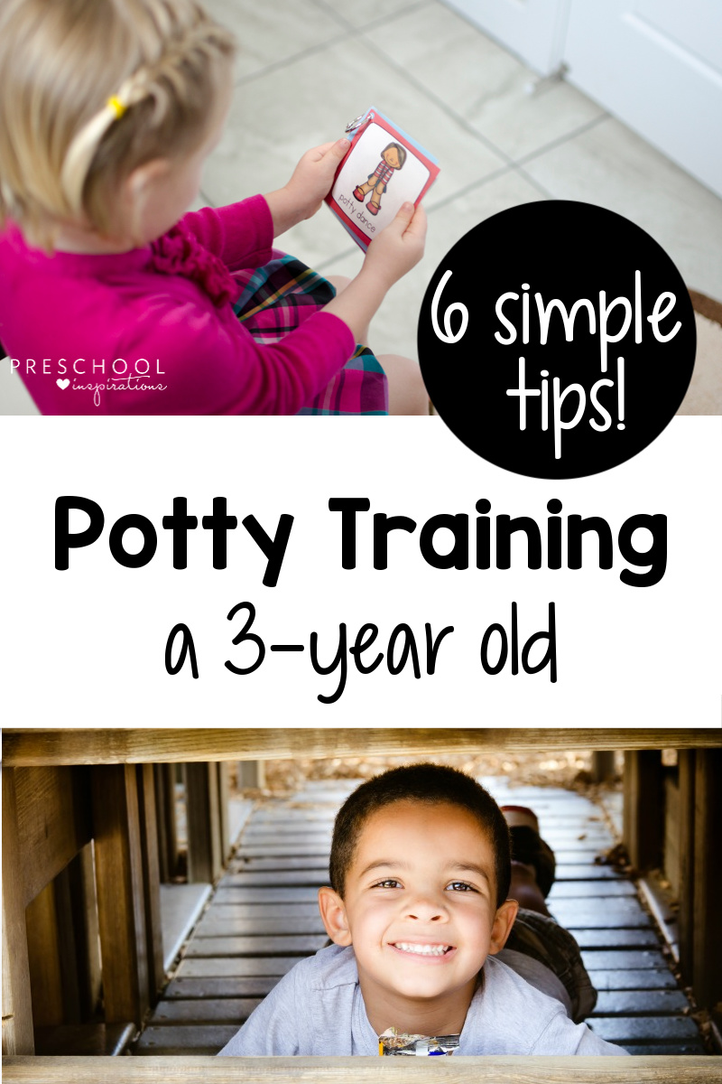 6 simple tips for potty-training a 3-year old! A veteran preschool teacher and mom of 3 shares the best tips to make the process a peaceful one. Perfect for both boys and girls!