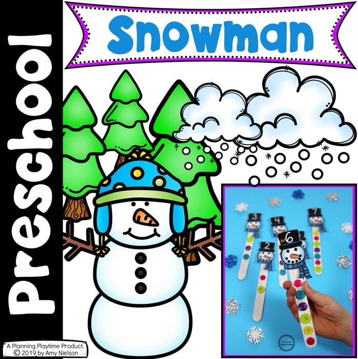 image of printable snowmen with a cartoon snowman and snow and the text preschool snowman