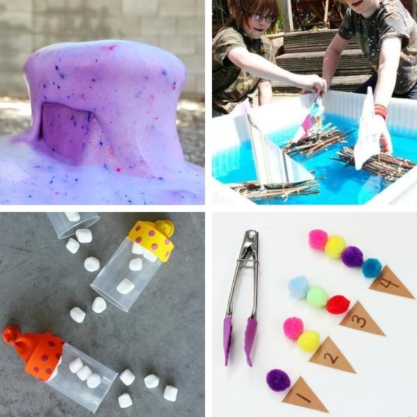 collage of four different preschool STEM activities for summer
