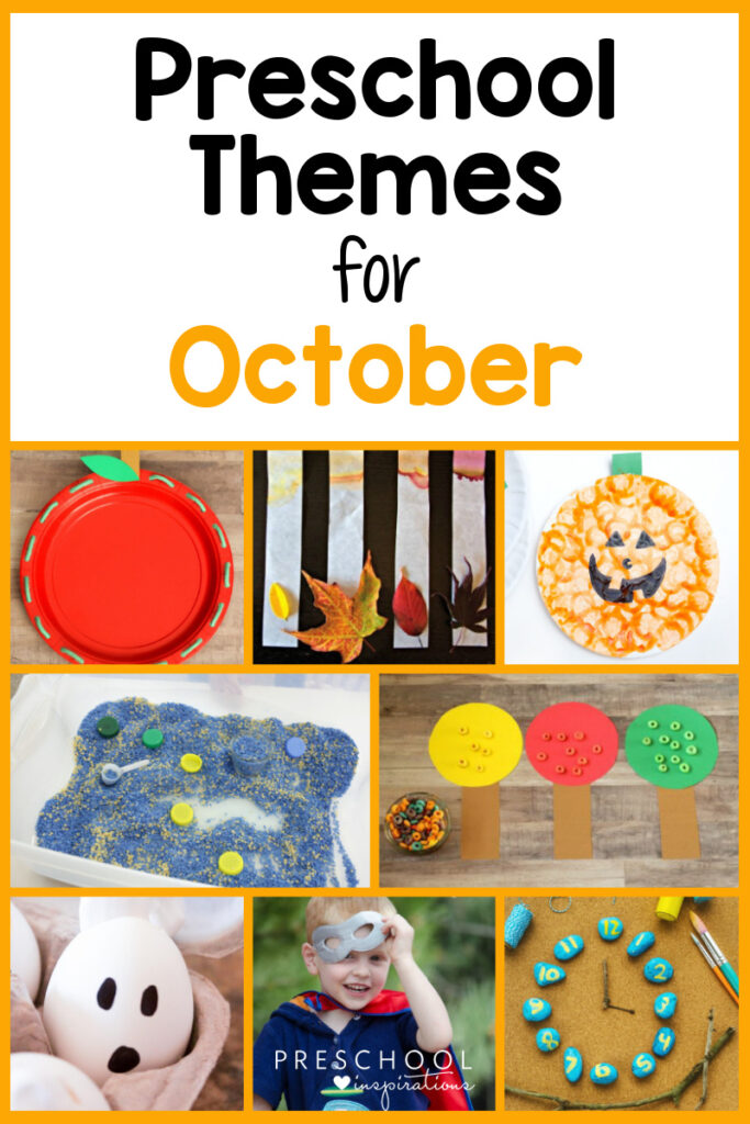 collage of eight different preschool activities for October with the text Preschool Themes for October