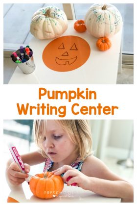 Make a pumpkin writing center as a Halloween activity for preschool and fine motor practice at the same time. #preschool #prek #toddlers #halloween