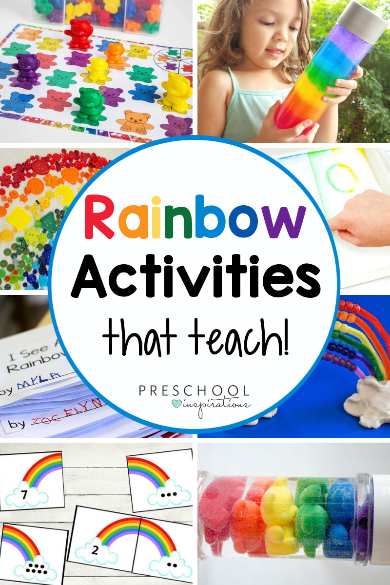 collage of eight different learning rainbow activities with the text 'rainbow activities that teach!'