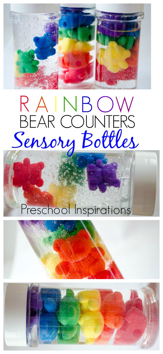 Make rainbow bear counter sensory bottles. These are perfect for a rainbow theme and all ages. #preschool #prek #kindergarten #discoverybottle #sensorybottle #rainbow