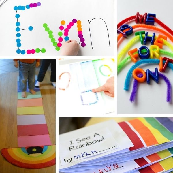 collage of five different preschool literacy activities with rainbows
