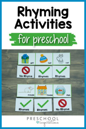 pinnable image of a set of counting cards with rhyming words marked and the text 'rhyming activities for preschool'